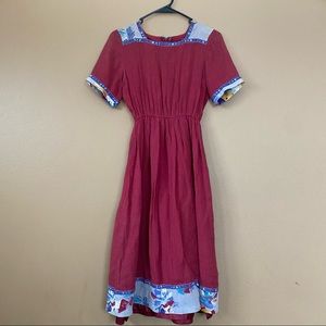 Vintage dress, cranberry linen-like material with fabric trim, small waist